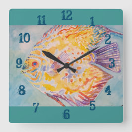Reloj Cuadrado Pez Colorido Acuarela Habitación de Niños Nursery