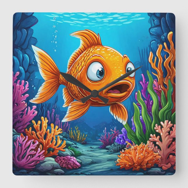 Reloj Cuadrado Pez rojo de dibujos animados (Anverso)