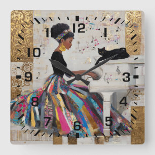 Reloj Cuadrado Pianista negra con lámina de oro y gato