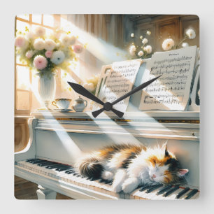 Reloj Cuadrado Piano de Ensueño Cottagecore con Gato bajo la Luz