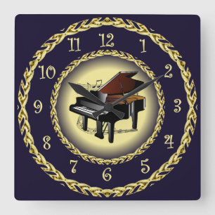 Reloj Cuadrado Piano ~ Desplazamiento musical ~ Oro/Azul marino ~