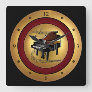 Reloj Cuadrado Piano~Desplazamiento musical~Oro/Marrón/fondo negr