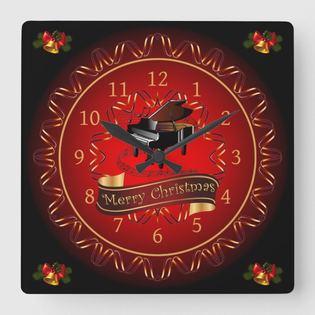 Reloj Cuadrado Piano ~ Feliz Navidad ~ Marrón y negro ~ ~ (Anverso)