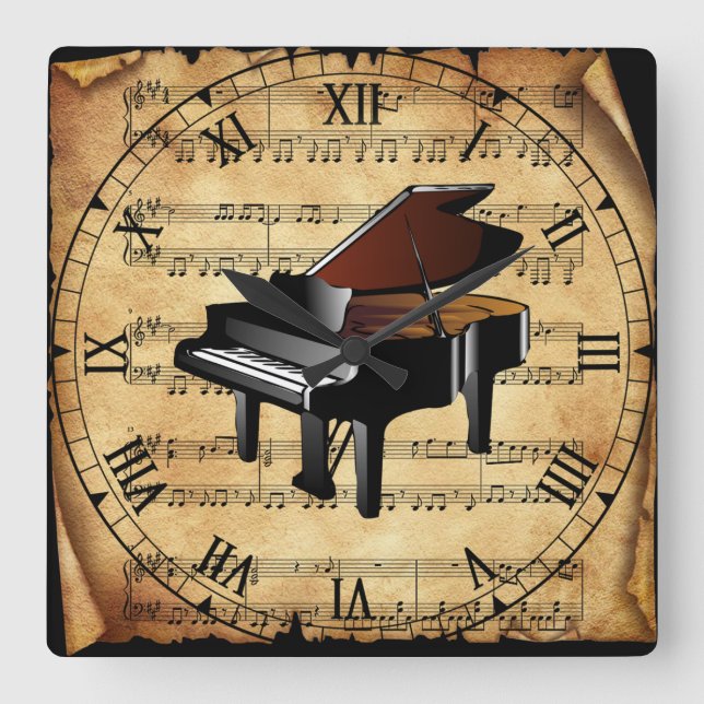 Reloj Cuadrado Piano ~ Fondo musical de hojas de cosecha de vinta (Anverso)