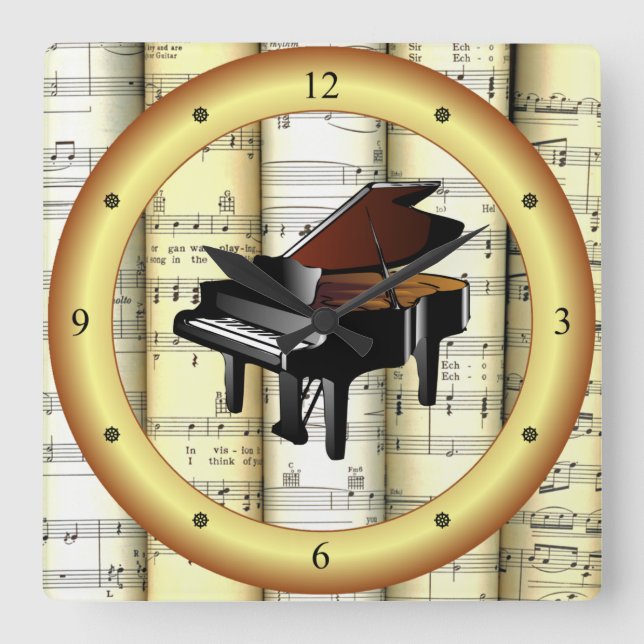 Reloj Cuadrado Piano ~ Rolled Sheet Music ~ Gold Ring ~ * ~ (Anverso)