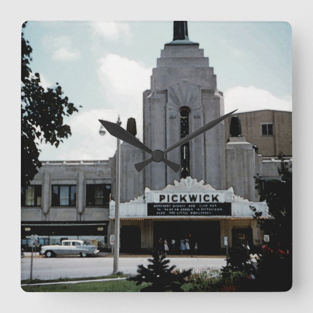 Reloj Cuadrado Pickwick Movie Theatre Park Ridge Watercolor Art (Anverso)
