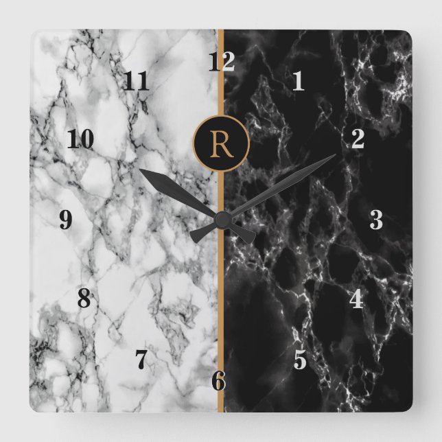 Reloj Cuadrado Piedra de mármol blanco y negro - Personalizable - (Anverso)
