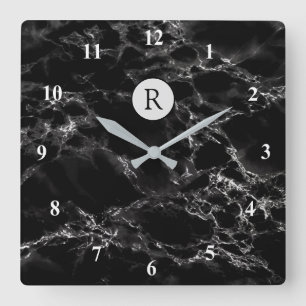 Reloj Cuadrado Piedra de mármol negro de moda - Añadir letra /Log