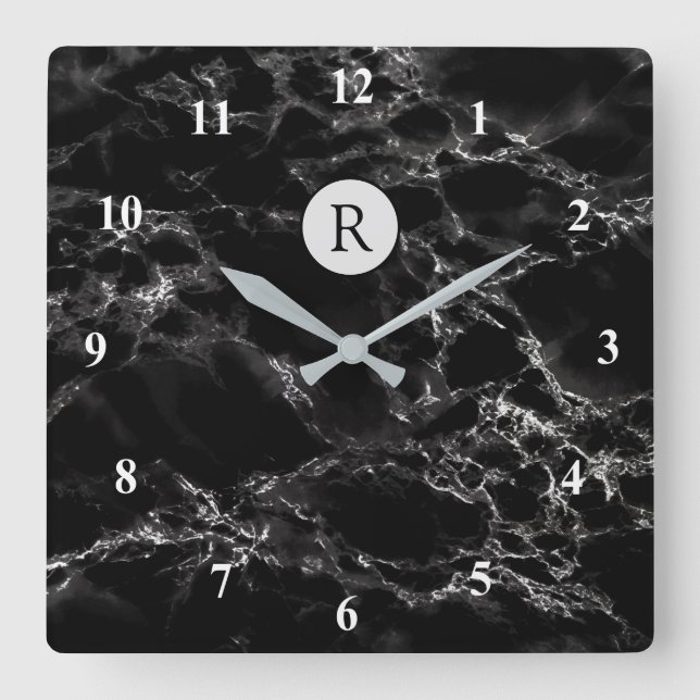 Reloj Cuadrado Piedra de mármol negro de moda - Añadir letra /Log (Anverso)