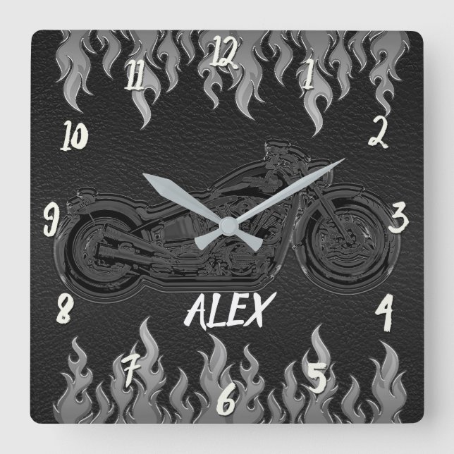 Reloj Cuadrado Piel negra y plata inflaman motocicleta de fuego c (Anverso)