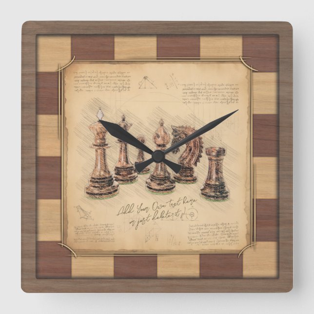 Reloj Cuadrado Piezas de ajedrez y ajedrez antiguas, regalo para  (Anverso)