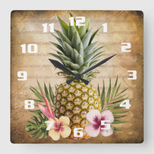 Reloj Cuadrado Piña Tropical Frances Caligrafía elegante