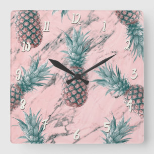 Reloj Cuadrado Piña y Mármol Rosa Remolino Moderno Chic Tropical