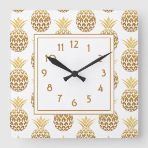 Reloj Cuadrado Piñas doradas elegantes blancas