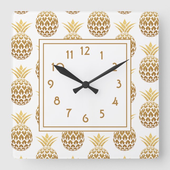 Reloj Cuadrado Piñas doradas elegantes blancas (Anverso)