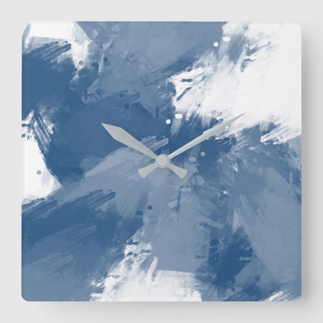 Reloj Cuadrado Pinceles abstractos de pizarra azul blanco moderno (Anverso)