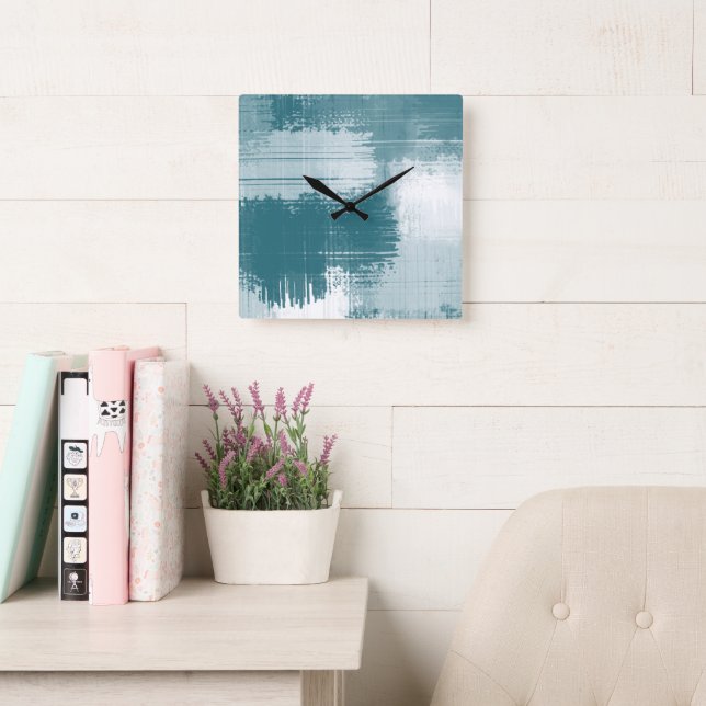 Reloj Cuadrado Pinceles abstractos verde azulados de color blanco (Sala de lectura)