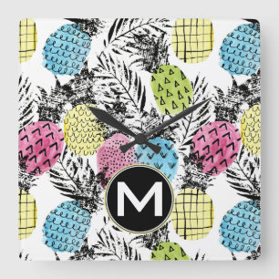 Reloj Cuadrado Pineapple Grunge Palms Monograma