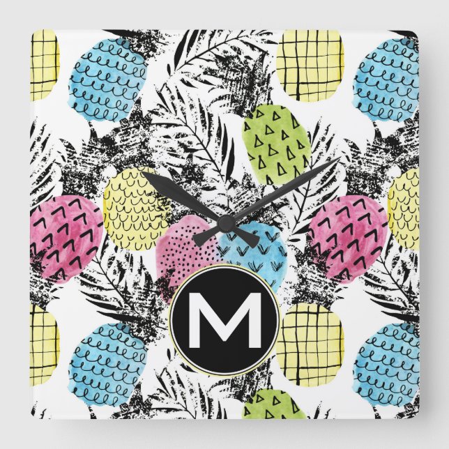 Reloj Cuadrado Pineapple Grunge Palms | Monograma (Anverso)