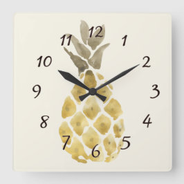 Reloj Cuadrado Pineapple Watercolor País Esténcil Rústico