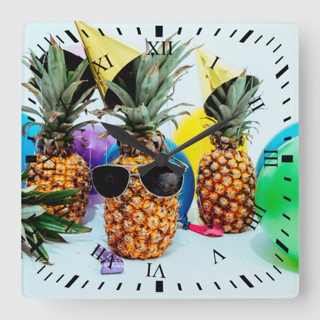 Reloj Cuadrado Pineapples de tiempo fiesta con favores partidario (Anverso)