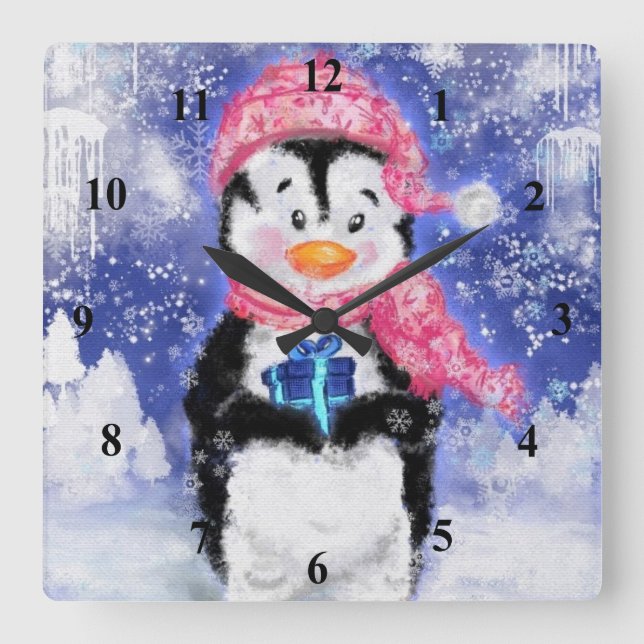 Reloj Cuadrado Pingüino feliz - Navidades - (Anverso)
