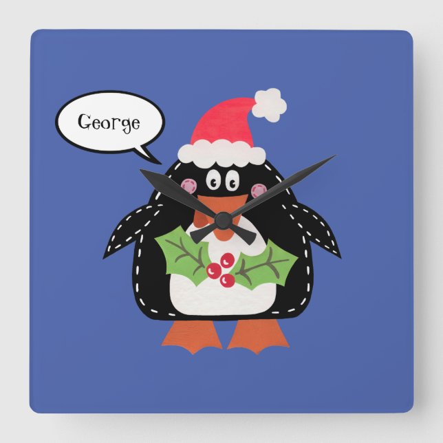 Reloj Cuadrado Pingüino Navidades personalizados (Anverso)