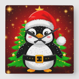 Reloj Cuadrado 🐧 Pingüino Santa Claus Árbol de Navidad Diversión