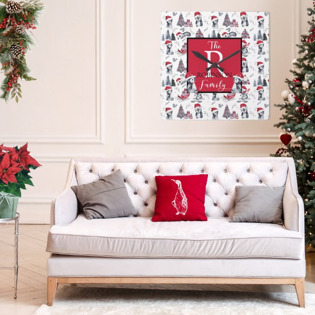 Reloj Cuadrado Pingüinos en el patrón de escena de invierno de Sa (Subido por el creador)