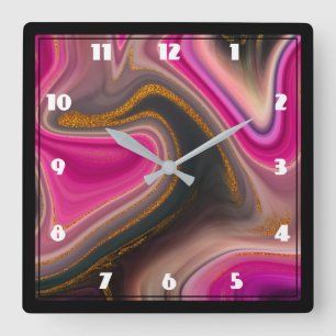 Reloj Cuadrado Pink and Black Abstract with Gold Swirls  Large C