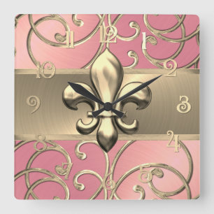 Reloj Cuadrado Pink and Gold Filigree Swirls Fleur de Lis