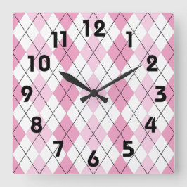 Reloj Cuadrado Pink and White Argyle Wall Clock