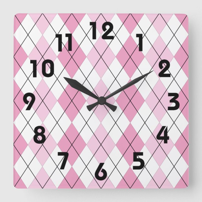 Reloj Cuadrado Pink and White Argyle Wall Clock (Anverso)