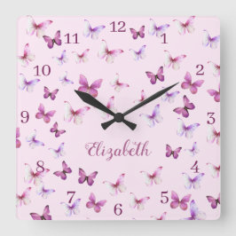 Reloj Cuadrado Pink Butterflies Pattern Custom Name