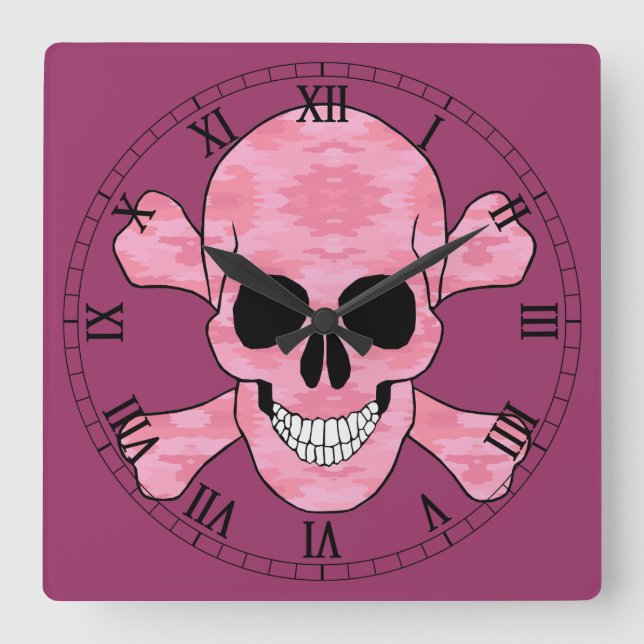 Reloj Cuadrado Pink Camo Skull And Crossbones Roman Numeral Clock (Anverso)