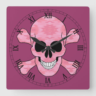 Reloj Cuadrado Pink Camo Skull And Crossbones Roman Numeral Clock