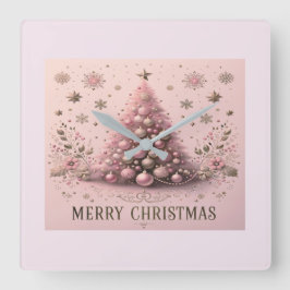 Reloj Cuadrado Pink Christmas Tree Merry Christmas Wall Clock