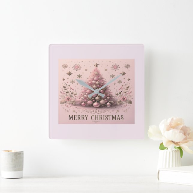 Reloj Cuadrado Pink Christmas Tree Merry Christmas Wall Clock (Hogar)