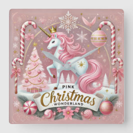 Reloj Cuadrado Pink Christmas Wonderland Unicorn