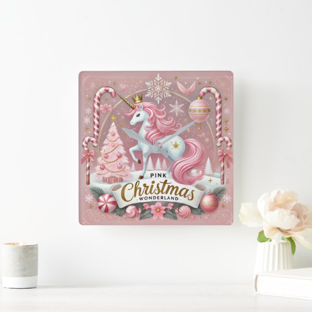 Reloj Cuadrado Pink Christmas Wonderland Unicorn (Hogar)