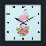 Reloj Cuadrado Pink Flamingo in Santa Hat Whimsical Christmas<br><div class="desc">A clock with a tropical themed Christmas flamingo wearing a pink santa hat. Underneath its feet is a candy cane bouquet with pretty tropical flowers and pink berries. A sprig of holly on its chest.</div>