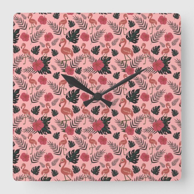 Reloj Cuadrado Pink flamingo seamless pattern flowers and leaves (Anverso)