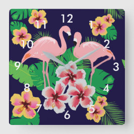 Reloj Cuadrado Pink Flamingos and Tropical Flowers Wall Clock