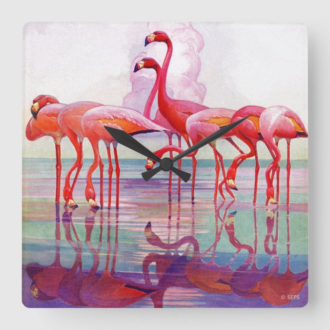 Reloj Cuadrado Pink Flamingos by Francis Lee Jaques (Anverso)