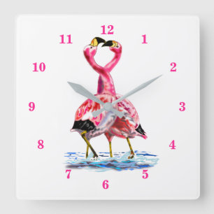 Reloj Cuadrado Pink Flamingos Clock Romantic Couple Love Tango