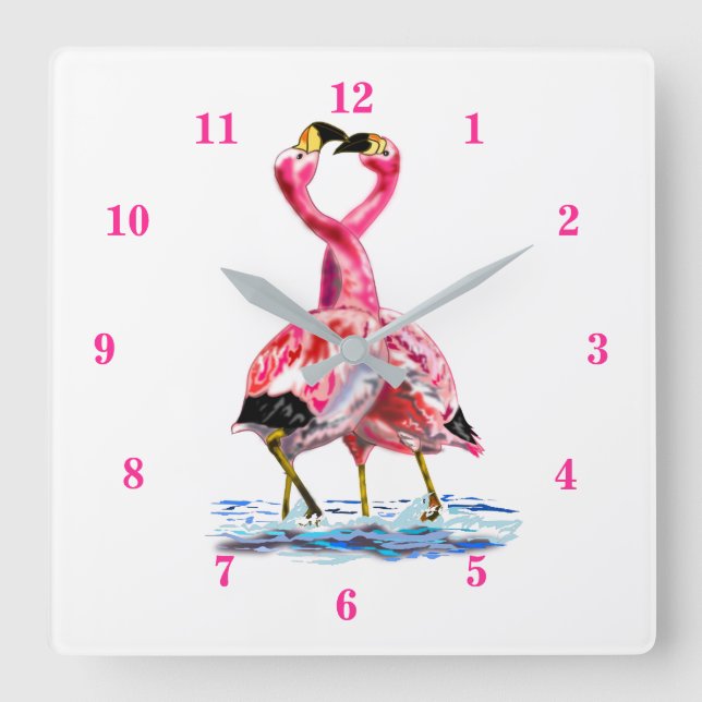 Reloj Cuadrado Pink Flamingos Clock Romantic Couple Love Tango (Anverso)