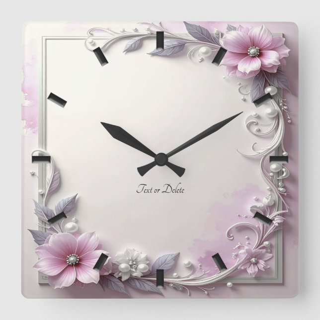 Reloj Cuadrado Pink Floral Frame Wall Clock (Anverso)