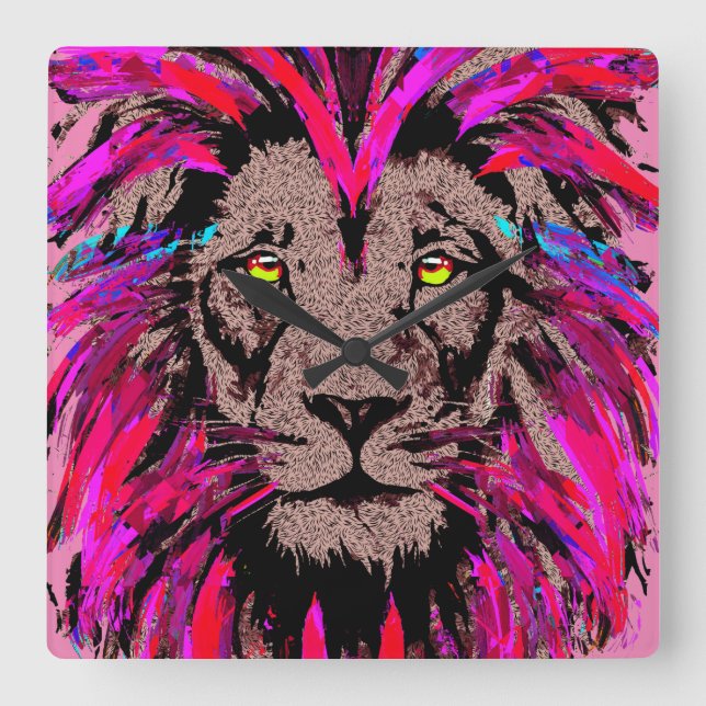 Reloj Cuadrado Pink Lion Head - Lion Face Portrait Drawing Therma (Anverso)