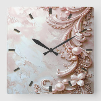 Reloj Cuadrado Pink Ornate Pearl and Floral Wall Clock
