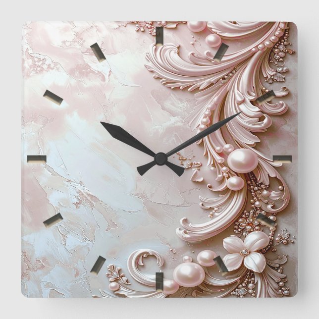 Reloj Cuadrado Pink Ornate Pearl and Floral Wall Clock (Anverso)